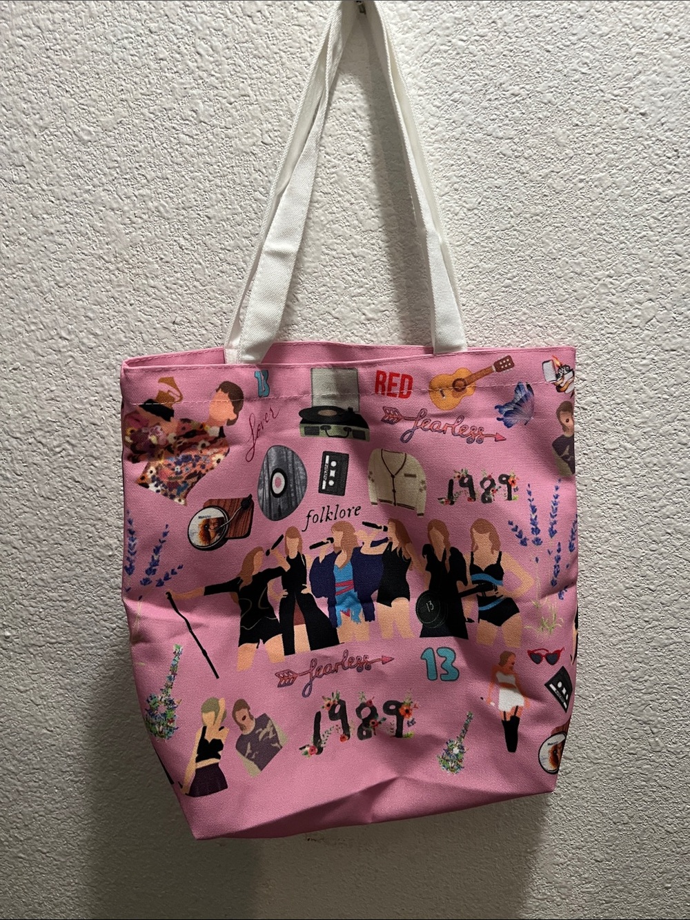 Taylor Swift Homemade Pink Graphic Pop-Culture Tote Bag with White Straps